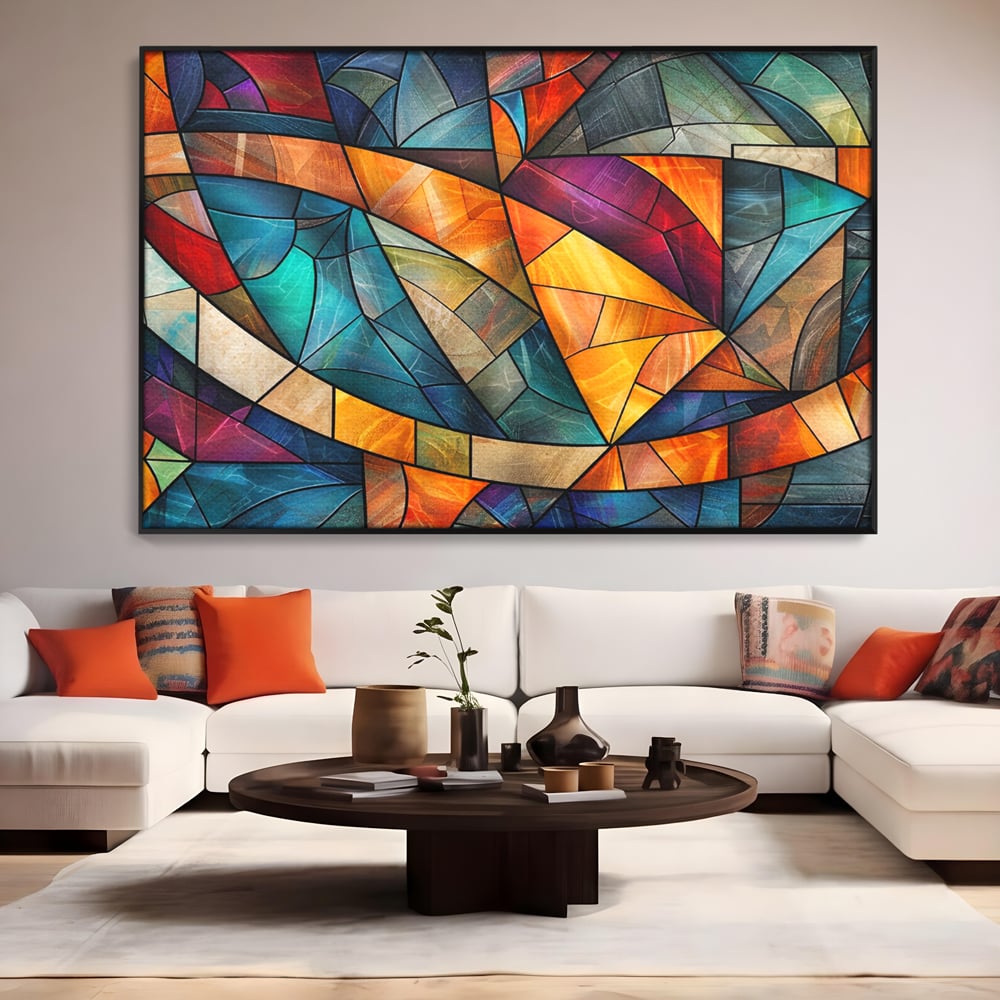 Canvas Wall Art Premium, LuxCanva® C1287, Interieur Glasmalerei, Geometrie, Farben, abstrakt, Mosaik, Glasmalerei, flüssig, Licht, Bogen, Welle, transparent, Harmonie, ausdrucksstark, fließen, Büro, Wohnen, Schlafzimmer