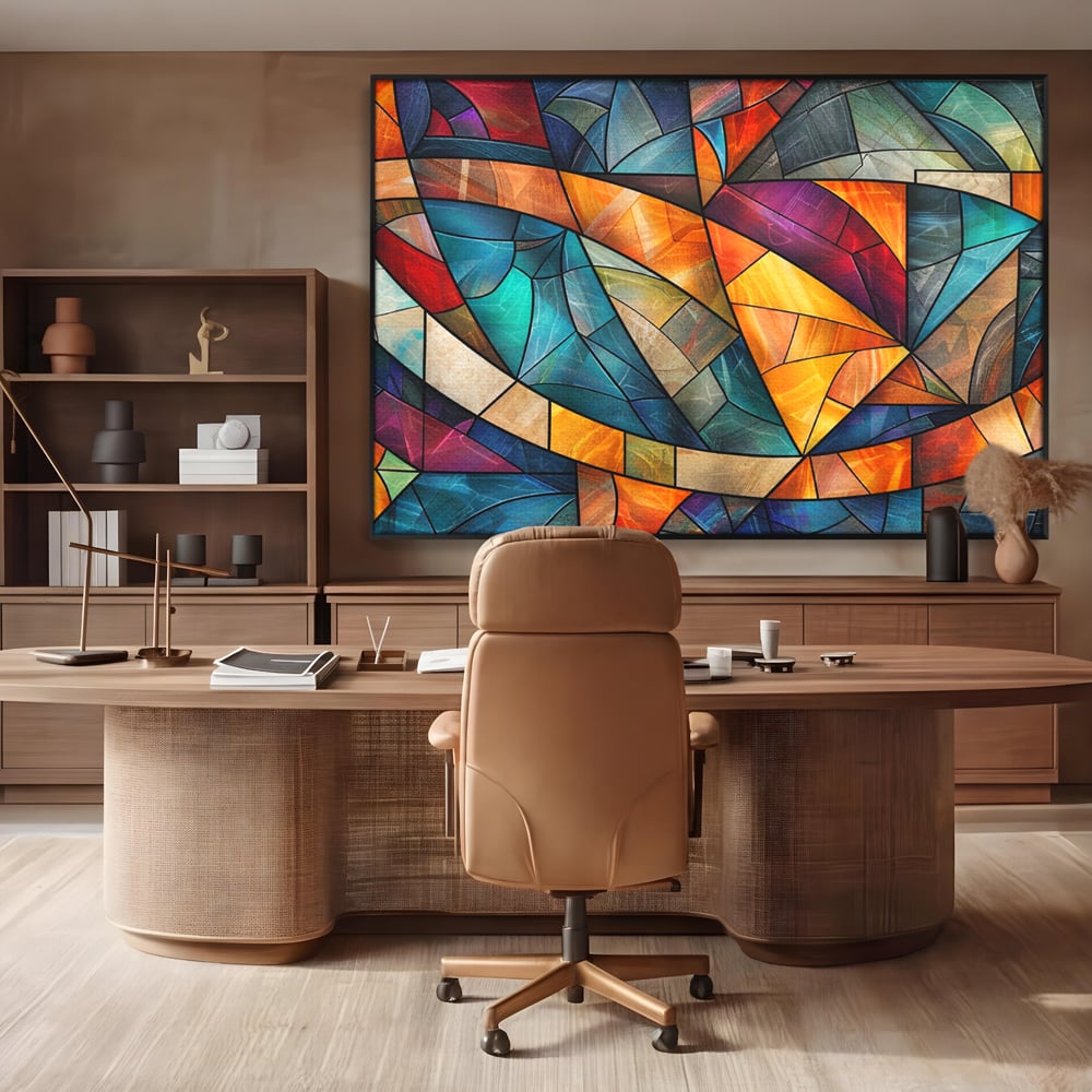 Canvas Wall Art Premium, LuxCanva® C1287, Interieur Glasmalerei, Geometrie, Farben, abstrakt, Mosaik, Glasmalerei, flüssig, Licht, Bogen, Welle, transparent, Harmonie, ausdrucksstark, fließen, Büro, Wohnen, Schlafzimmer
