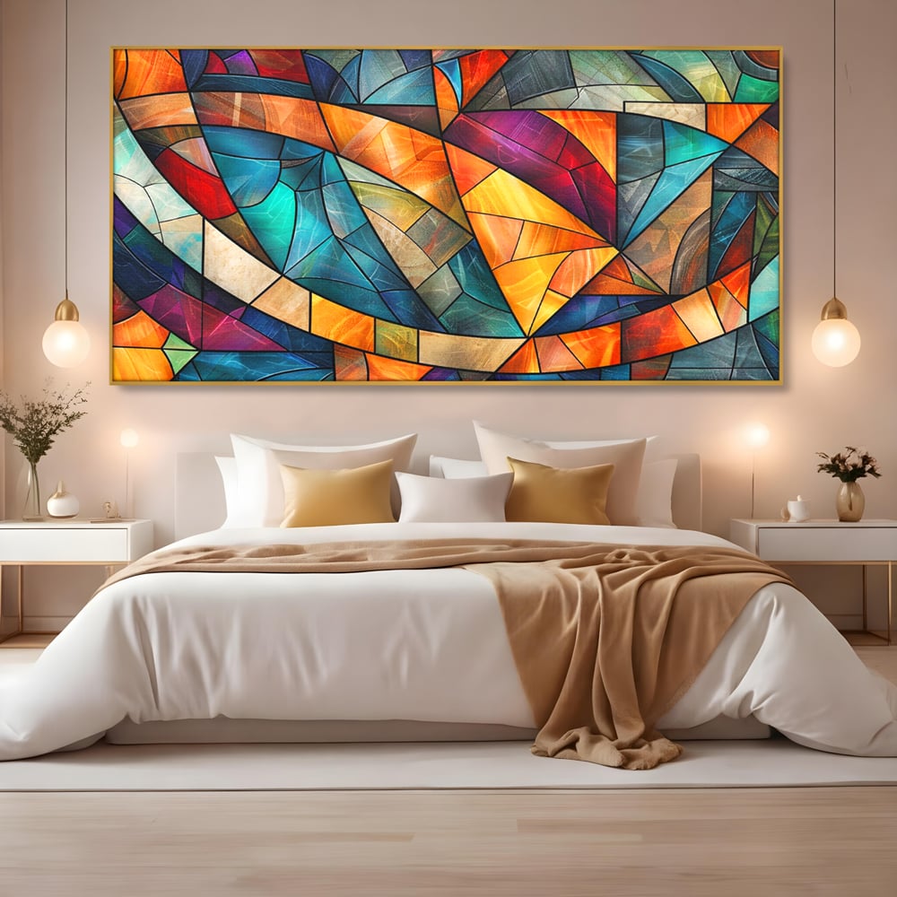 Canvas Wall Art Premium, LuxCanva® C1287, Interieur Glasmalerei, Geometrie, Farben, abstrakt, Mosaik, Glasmalerei, flüssig, Licht, Bogen, Welle, transparent, Harmonie, ausdrucksstark, fließen, Büro, Wohnen, Schlafzimmer