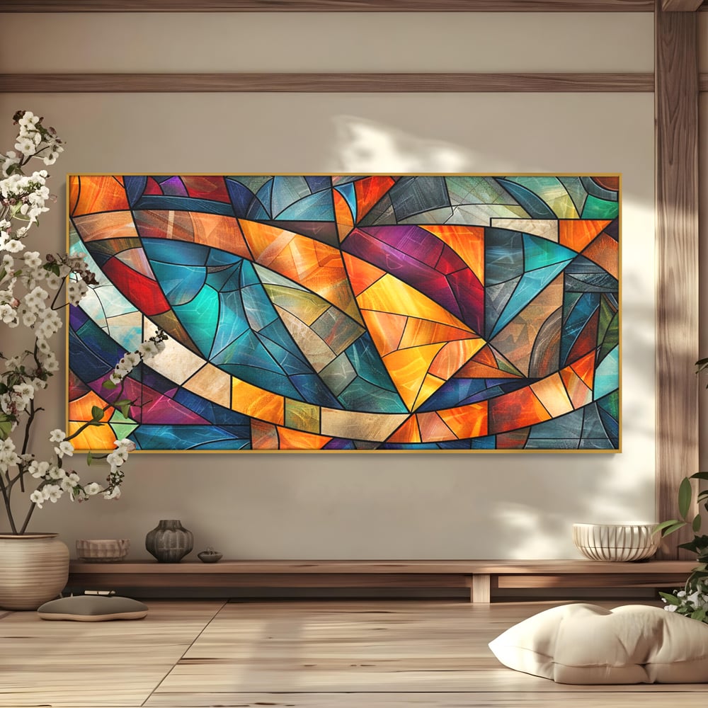 Canvas Wall Art Premium, LuxCanva® C1287, Interieur Glasmalerei, Geometrie, Farben, abstrakt, Mosaik, Glasmalerei, flüssig, Licht, Bogen, Welle, transparent, Harmonie, ausdrucksstark, fließen, Büro, Wohnen, Schlafzimmer