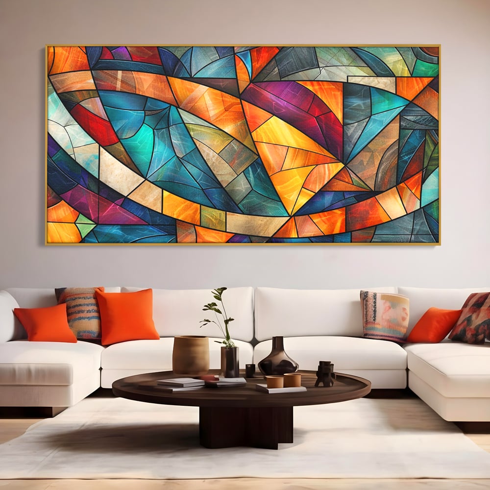 Canvas Wall Art Premium, LuxCanva® C1287, Interieur Glasmalerei, Geometrie, Farben, abstrakt, Mosaik, Glasmalerei, flüssig, Licht, Bogen, Welle, transparent, Harmonie, ausdrucksstark, fließen, Büro, Wohnen, Schlafzimmer