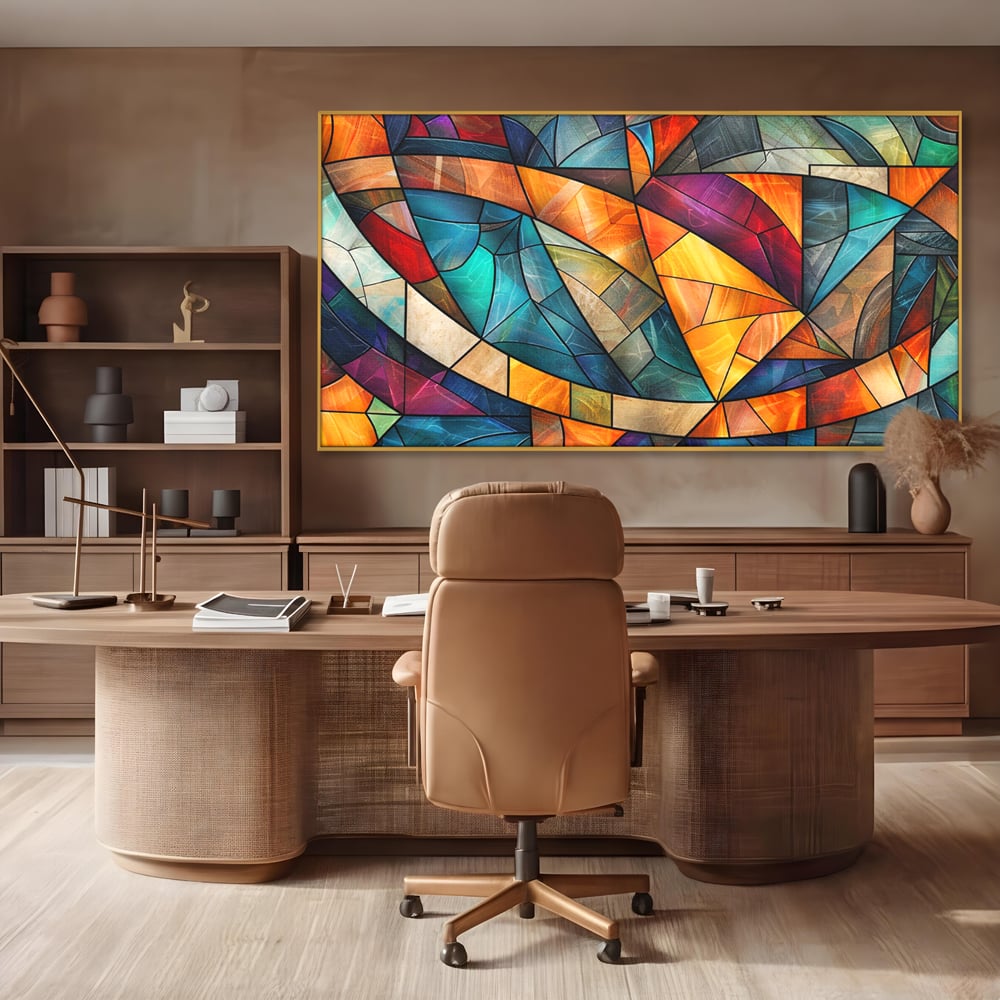 Canvas Wall Art Premium, LuxCanva® C1287, Interieur Glasmalerei, Geometrie, Farben, abstrakt, Mosaik, Glasmalerei, flüssig, Licht, Bogen, Welle, transparent, Harmonie, ausdrucksstark, fließen, Büro, Wohnen, Schlafzimmer