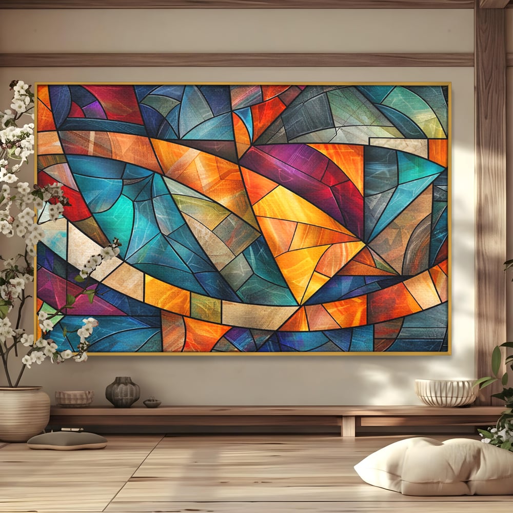 Canvas Wall Art Premium, LuxCanva® C1287, Interieur Glasmalerei, Geometrie, Farben, abstrakt, Mosaik, Glasmalerei, flüssig, Licht, Bogen, Welle, transparent, Harmonie, ausdrucksstark, fließen, Büro, Wohnen, Schlafzimmer