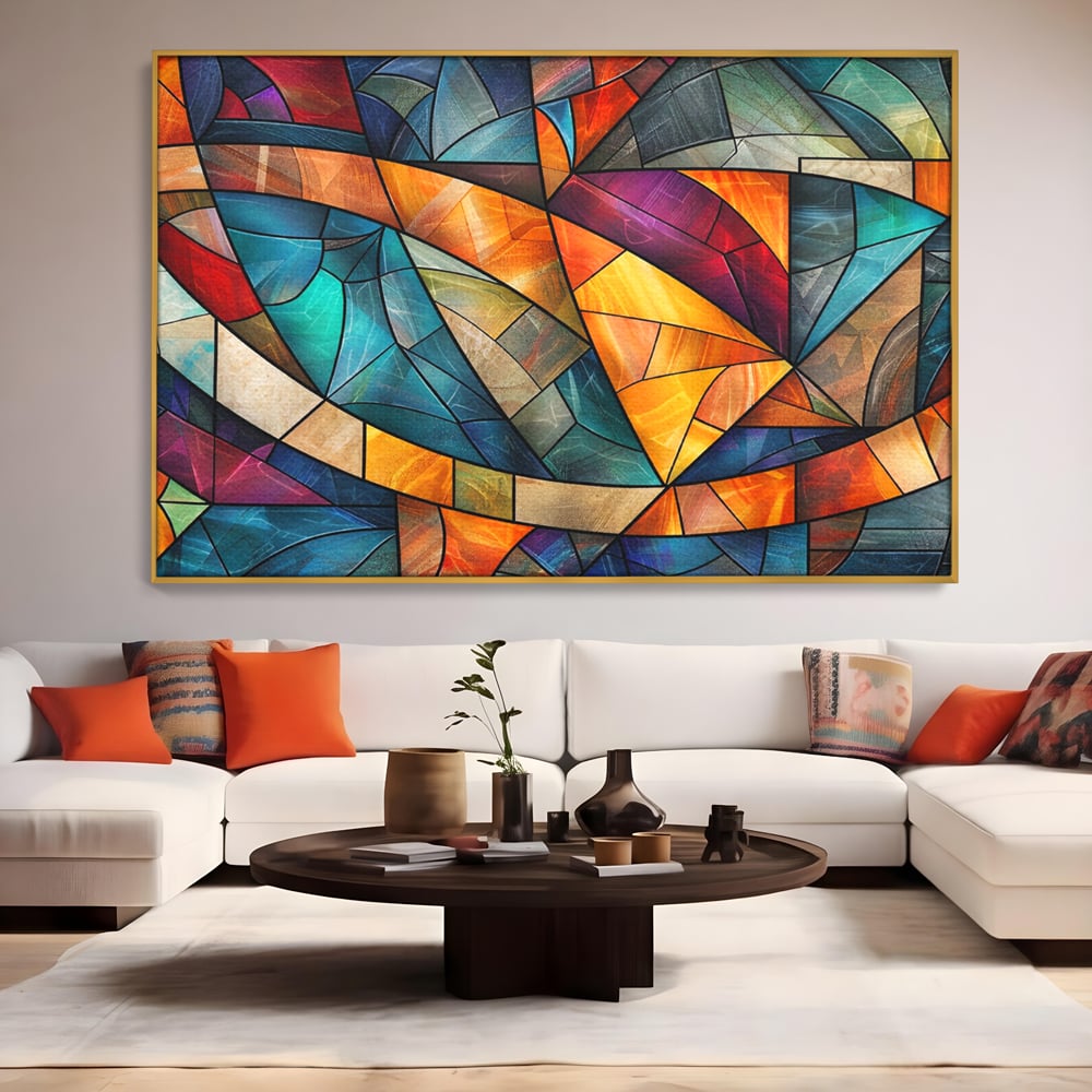 Canvas Wall Art Premium, LuxCanva® C1287, Interieur Glasmalerei, Geometrie, Farben, abstrakt, Mosaik, Glasmalerei, flüssig, Licht, Bogen, Welle, transparent, Harmonie, ausdrucksstark, fließen, Büro, Wohnen, Schlafzimmer