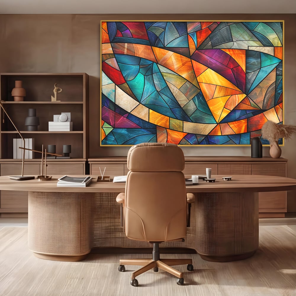 Canvas Wall Art Premium, LuxCanva® C1287, Interieur Glasmalerei, Geometrie, Farben, abstrakt, Mosaik, Glasmalerei, flüssig, Licht, Bogen, Welle, transparent, Harmonie, ausdrucksstark, fließen, Büro, Wohnen, Schlafzimmer