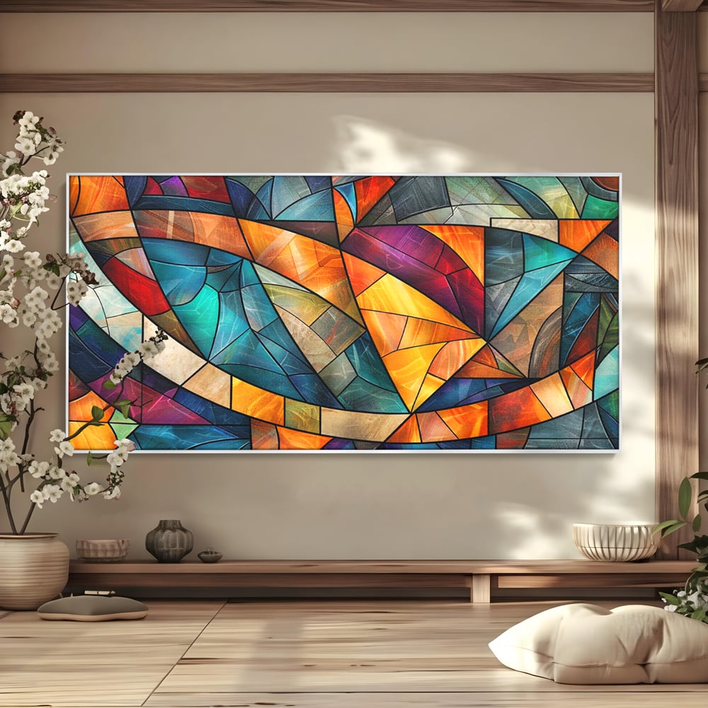 Canvas Wall Art Premium, LuxCanva® C1287, Interieur Glasmalerei, Geometrie, Farben, abstrakt, Mosaik, Glasmalerei, flüssig, Licht, Bogen, Welle, transparent, Harmonie, ausdrucksstark, fließen, Büro, Wohnen, Schlafzimmer