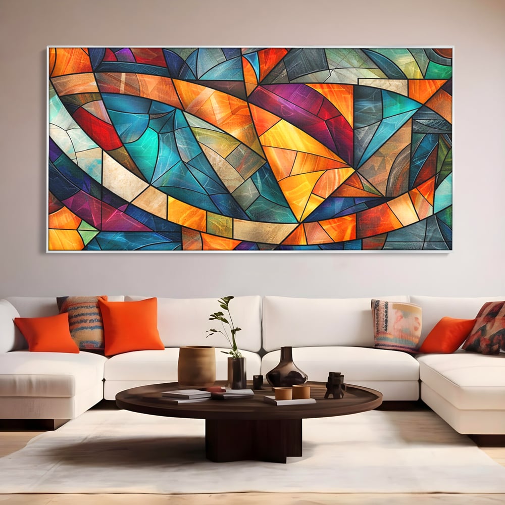 Canvas Wall Art Premium, LuxCanva® C1287, Interieur Glasmalerei, Geometrie, Farben, abstrakt, Mosaik, Glasmalerei, flüssig, Licht, Bogen, Welle, transparent, Harmonie, ausdrucksstark, fließen, Büro, Wohnen, Schlafzimmer
