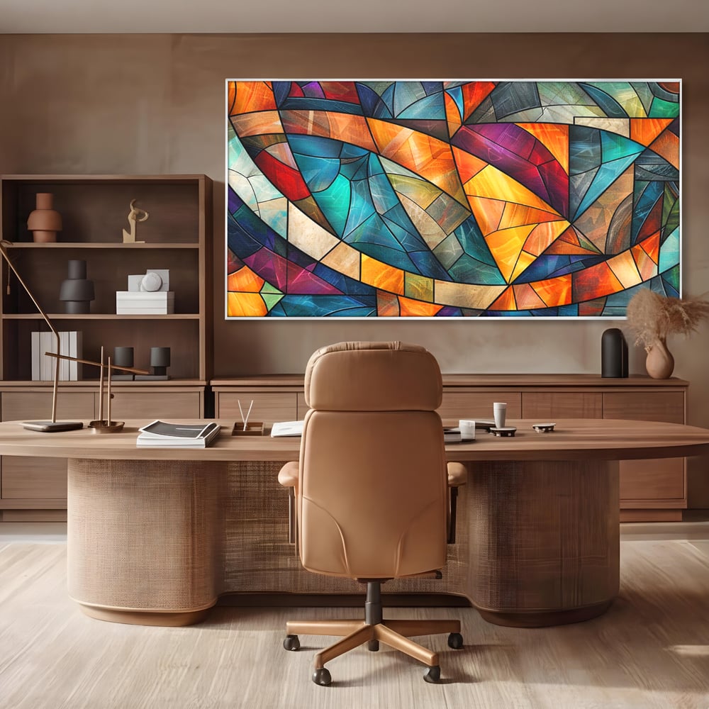 Canvas Wall Art Premium, LuxCanva® C1287, Interieur Glasmalerei, Geometrie, Farben, abstrakt, Mosaik, Glasmalerei, flüssig, Licht, Bogen, Welle, transparent, Harmonie, ausdrucksstark, fließen, Büro, Wohnen, Schlafzimmer