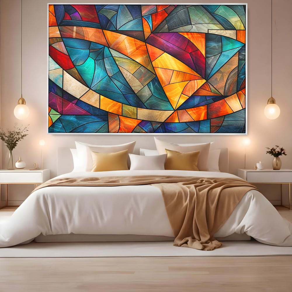 Canvas Wall Art Premium, LuxCanva® C1287, Interieur Glasmalerei, Geometrie, Farben, abstrakt, Mosaik, Glasmalerei, flüssig, Licht, Bogen, Welle, transparent, Harmonie, ausdrucksstark, fließen, Büro, Wohnen, Schlafzimmer