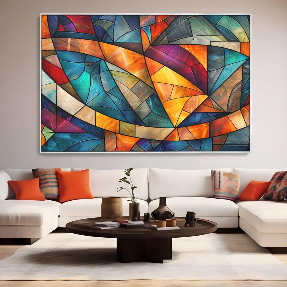 Canvas Wall Art Premium, LuxCanva® C1287, Interieur Glasmalerei, Geometrie, Farben, abstrakt, Mosaik, Glasmalerei, flüssig, Licht, Bogen, Welle, transparent, Harmonie, ausdrucksstark, fließen, Büro, Wohnen, Schlafzimmer