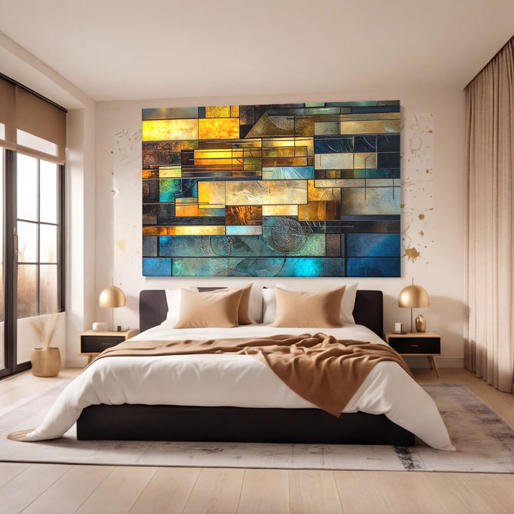 Tablou Canvas Premium, LuxCanva® C1288, Orase Nevazute, Geometrie, Culori, Abstract, Aur, Turcoaz, Metal, Apa, Memorii, Liniste, Planuri, Timp, Harti, Fragment, Orizont, Birou, Living, Dormitor