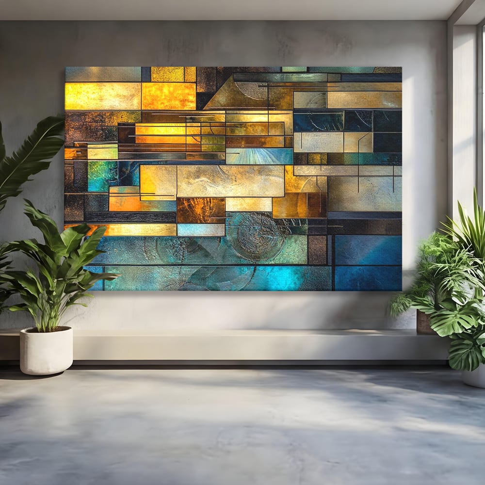 Tablou Canvas Premium, LuxCanva® C1288, Orase Nevazute, Geometrie, Culori, Abstract, Aur, Turcoaz, Metal, Apa, Memorii, Liniste, Planuri, Timp, Harti, Fragment, Orizont, Birou, Living, Dormitor