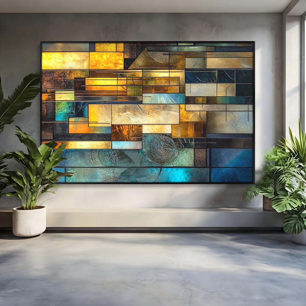 Tablou Canvas Premium, LuxCanva® C1288, Orase Nevazute, Geometrie, Culori, Abstract, Aur, Turcoaz, Metal, Apa, Memorii, Liniste, Planuri, Timp, Harti, Fragment, Orizont, Birou, Living, Dormitor