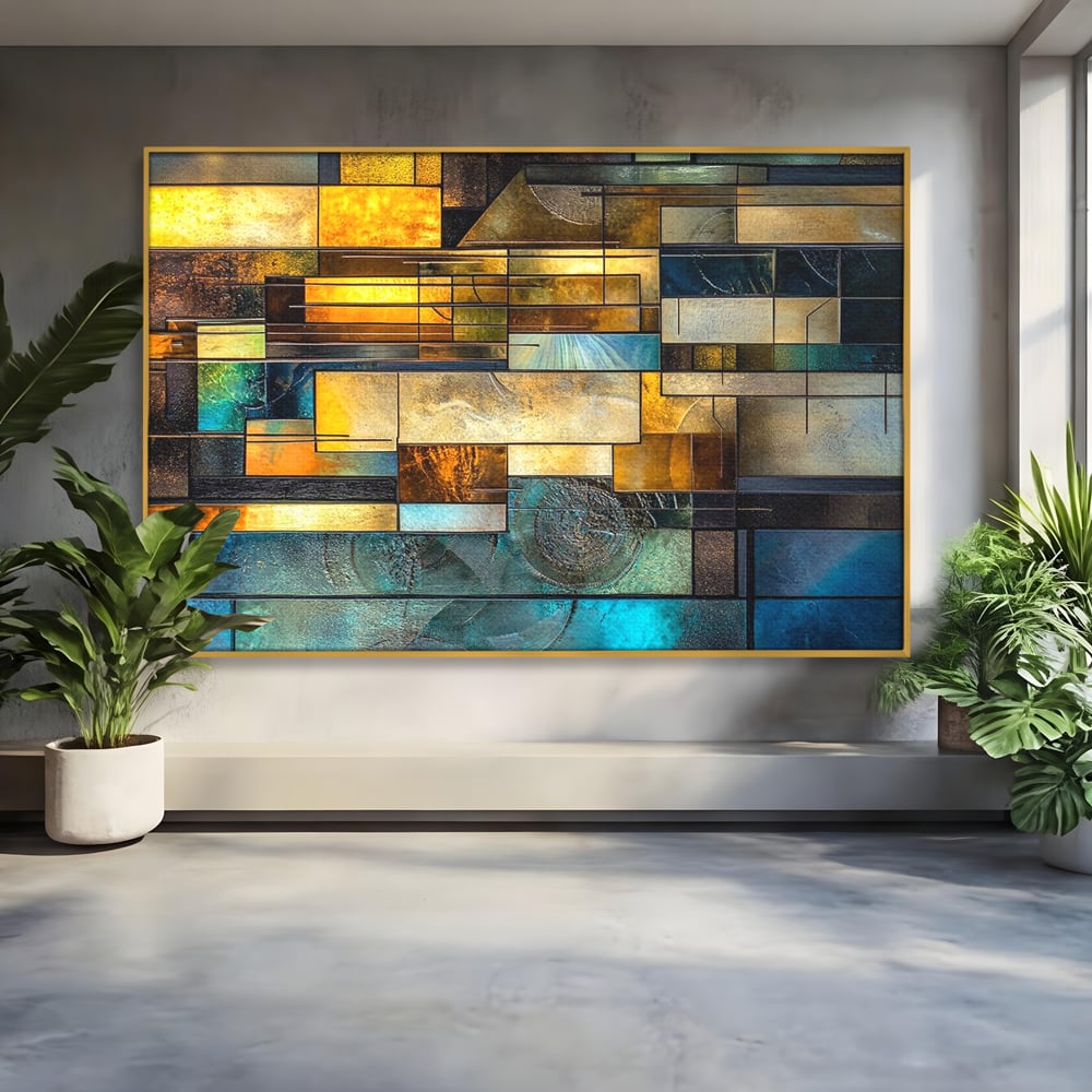 Tablou Canvas Premium, LuxCanva® C1288, Orase Nevazute, Geometrie, Culori, Abstract, Aur, Turcoaz, Metal, Apa, Memorii, Liniste, Planuri, Timp, Harti, Fragment, Orizont, Birou, Living, Dormitor