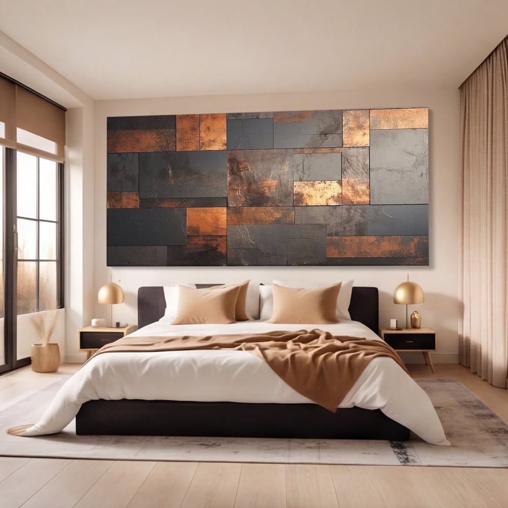 Tablou Canvas Premium, LuxCanva® C1289, Memoria ruginii, Geometrie, Culori, Abstract, Aur, Industrial, Cupru, Metal, Fier, Zid, Cladire, Ruginiu, Forta, Fortareata, Lumina, Birou, Living, Dormitor
