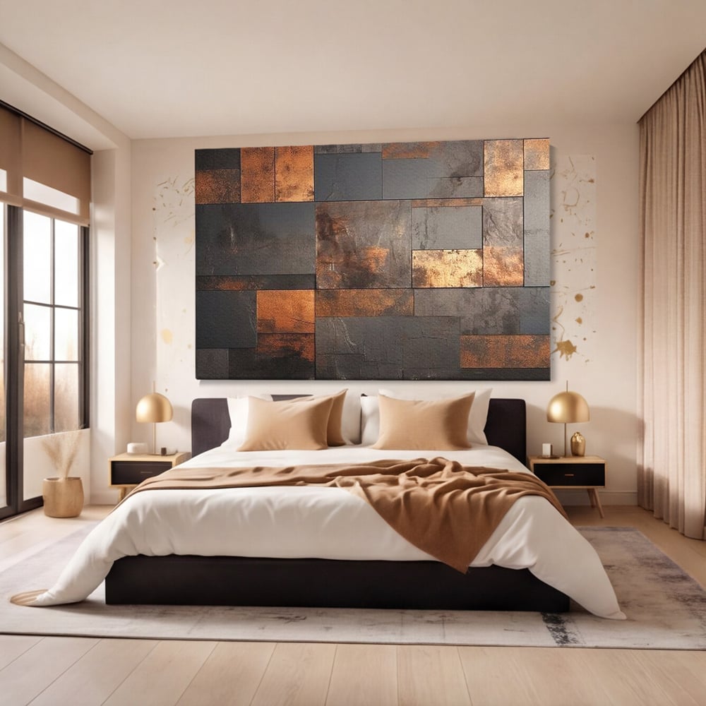 Tablou Canvas Premium, LuxCanva® C1289, Memoria ruginii, Geometrie, Culori, Abstract, Aur, Industrial, Cupru, Metal, Fier, Zid, Cladire, Ruginiu, Forta, Fortareata, Lumina, Birou, Living, Dormitor