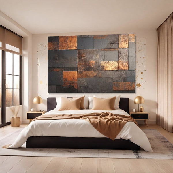 Tablou Canvas Premium, LuxCanva® C1289, Memoria ruginii, Geometrie, Culori, Abstract, Aur, Industrial, Cupru, Metal, Fier, Zid, Cladire, Ruginiu, Forta, Fortareata, Lumina, Birou, Living, Dormitor