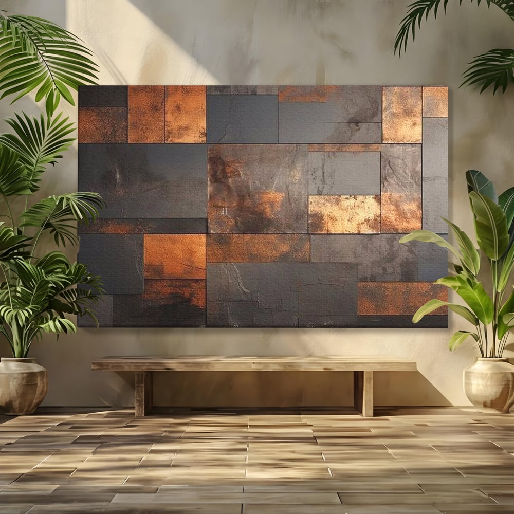 Tablou Canvas Premium, LuxCanva® C1289, Memoria ruginii, Geometrie, Culori, Abstract, Aur, Industrial, Cupru, Metal, Fier, Zid, Cladire, Ruginiu, Forta, Fortareata, Lumina, Birou, Living, Dormitor