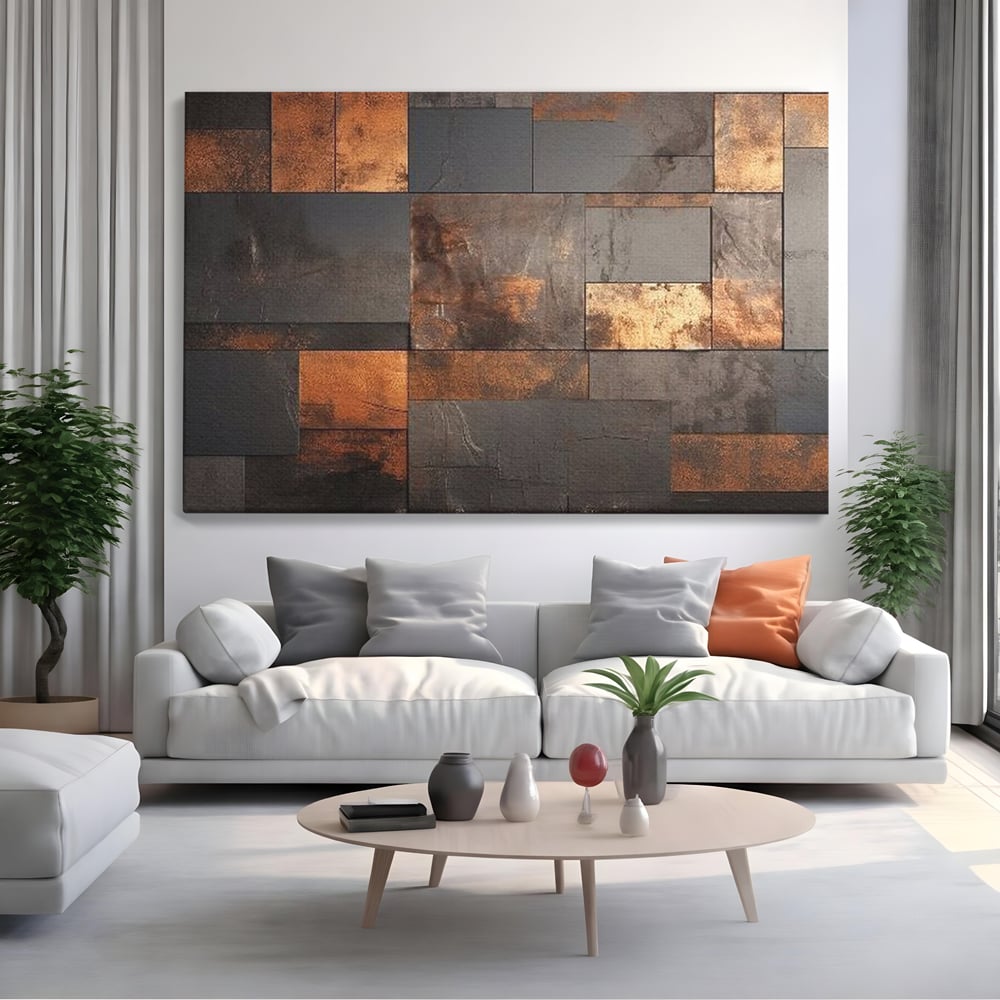 Tablou Canvas Premium, LuxCanva® C1289, Memoria ruginii, Geometrie, Culori, Abstract, Aur, Industrial, Cupru, Metal, Fier, Zid, Cladire, Ruginiu, Forta, Fortareata, Lumina, Birou, Living, Dormitor