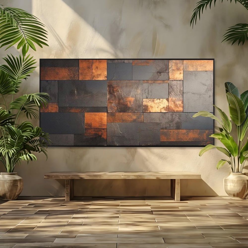 Tablou Canvas Premium, LuxCanva® C1289, Memoria ruginii, Geometrie, Culori, Abstract, Aur, Industrial, Cupru, Metal, Fier, Zid, Cladire, Ruginiu, Forta, Fortareata, Lumina, Birou, Living, Dormitor