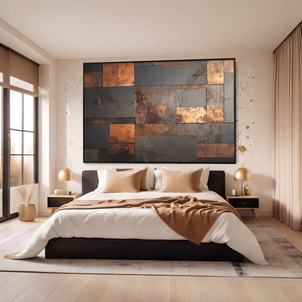 Tablou Canvas Premium, LuxCanva® C1289, Memoria ruginii, Geometrie, Culori, Abstract, Aur, Industrial, Cupru, Metal, Fier, Zid, Cladire, Ruginiu, Forta, Fortareata, Lumina, Birou, Living, Dormitor