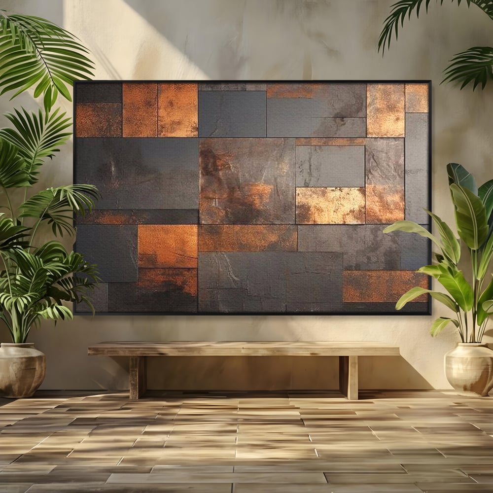 Tablou Canvas Premium, LuxCanva® C1289, Memoria ruginii, Geometrie, Culori, Abstract, Aur, Industrial, Cupru, Metal, Fier, Zid, Cladire, Ruginiu, Forta, Fortareata, Lumina, Birou, Living, Dormitor