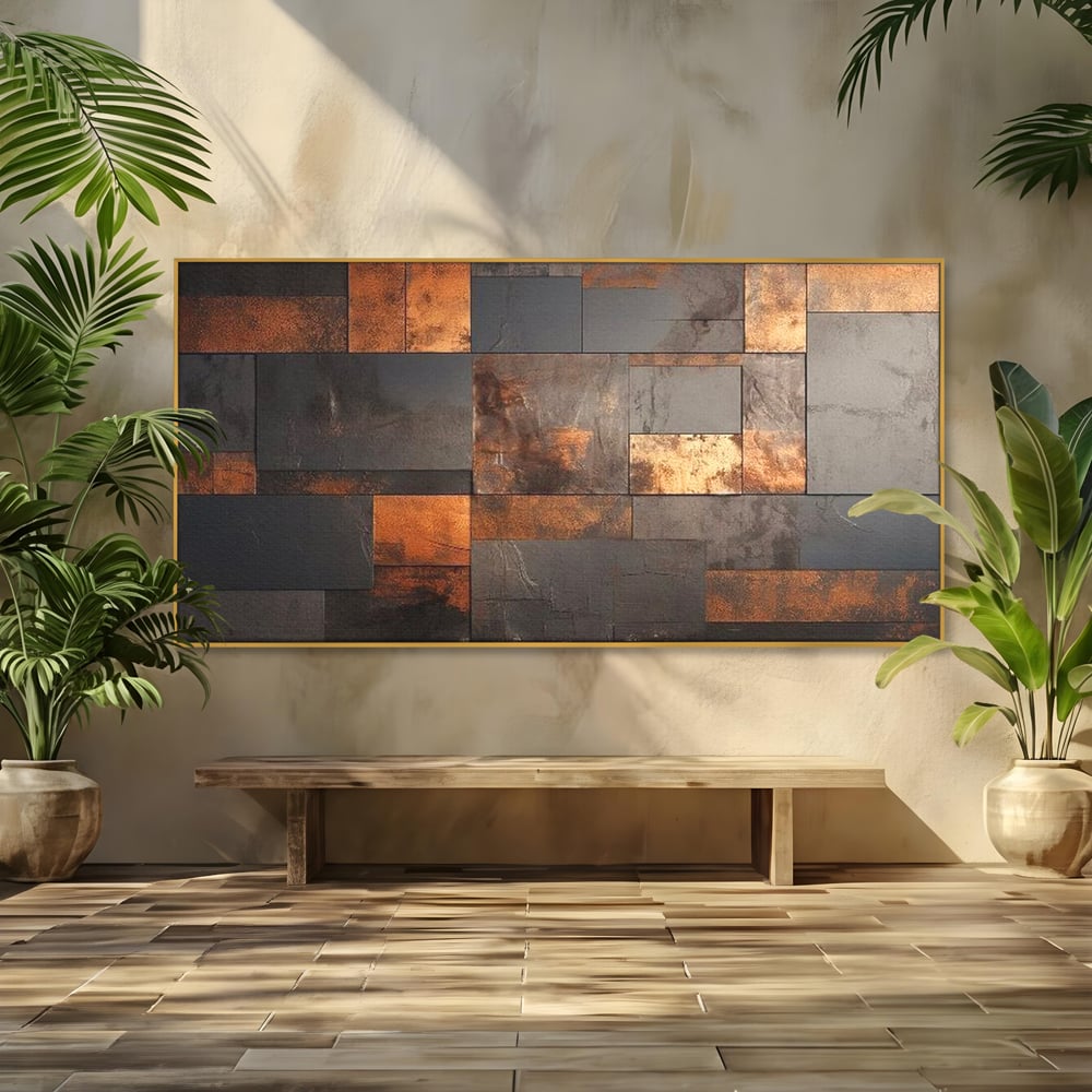 Tablou Canvas Premium, LuxCanva® C1289, Memoria ruginii, Geometrie, Culori, Abstract, Aur, Industrial, Cupru, Metal, Fier, Zid, Cladire, Ruginiu, Forta, Fortareata, Lumina, Birou, Living, Dormitor