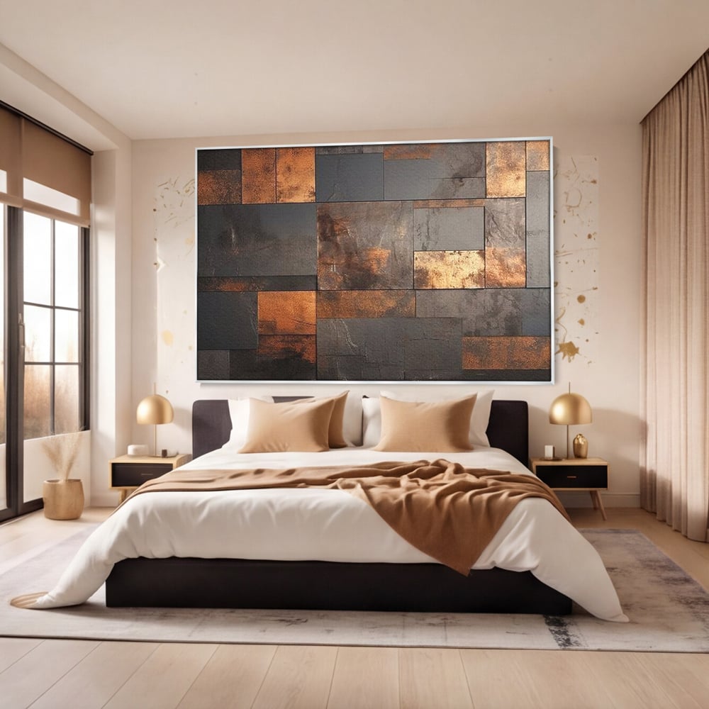 Tablou Canvas Premium, LuxCanva® C1289, Memoria ruginii, Geometrie, Culori, Abstract, Aur, Industrial, Cupru, Metal, Fier, Zid, Cladire, Ruginiu, Forta, Fortareata, Lumina, Birou, Living, Dormitor