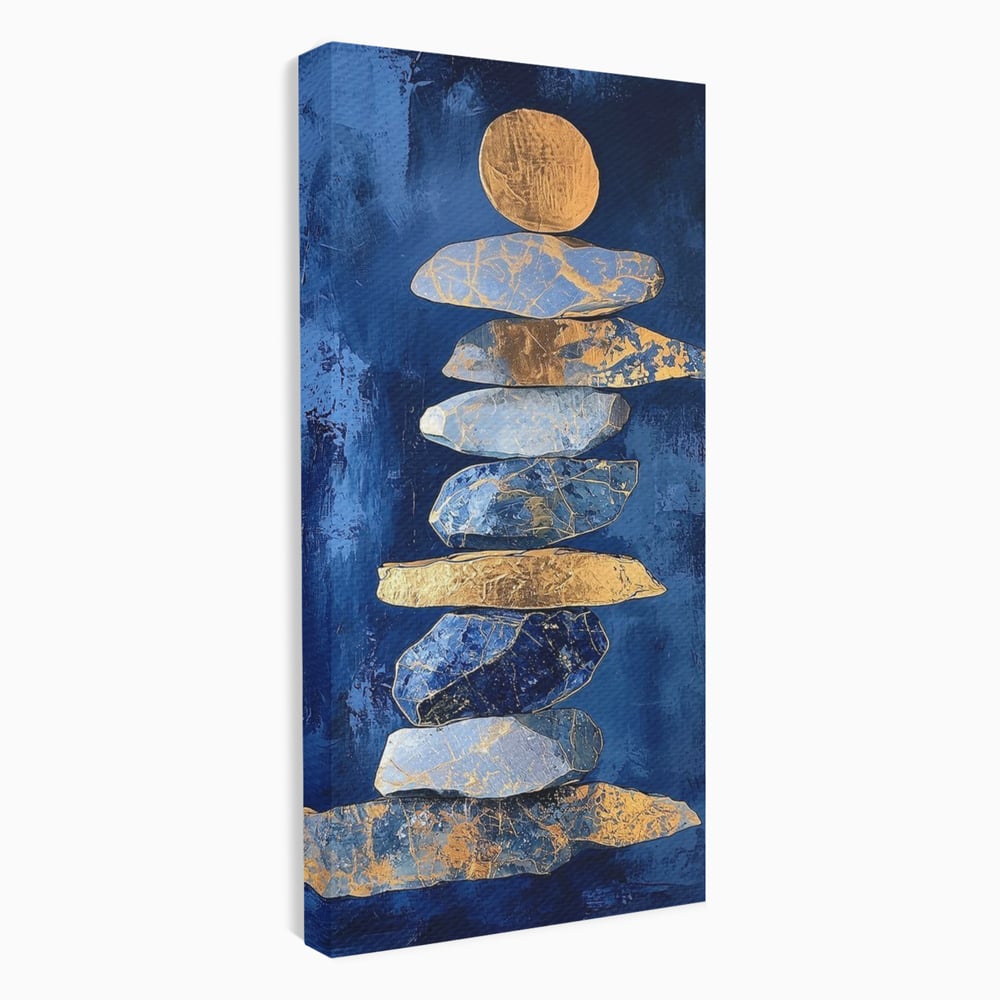 Tablou Canvas Premium, LuxCanva® C1290, Pietre care se roaga, Geometrie, Culori, Abstract, Aur, Pietre, Statuie, Echilibru, Albastru, Zen, Sacru, Spiritual, Vertical, Meditatie, Birou, Living, Dormitor