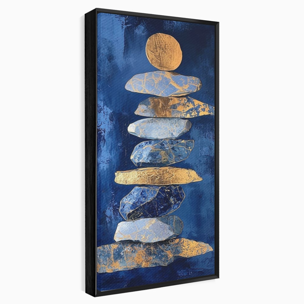 Tablou Canvas Premium, LuxCanva® C1290, Pietre care se roaga, Geometrie, Culori, Abstract, Aur, Pietre, Statuie, Echilibru, Albastru, Zen, Sacru, Spiritual, Vertical, Meditatie, Birou, Living, Dormitor
