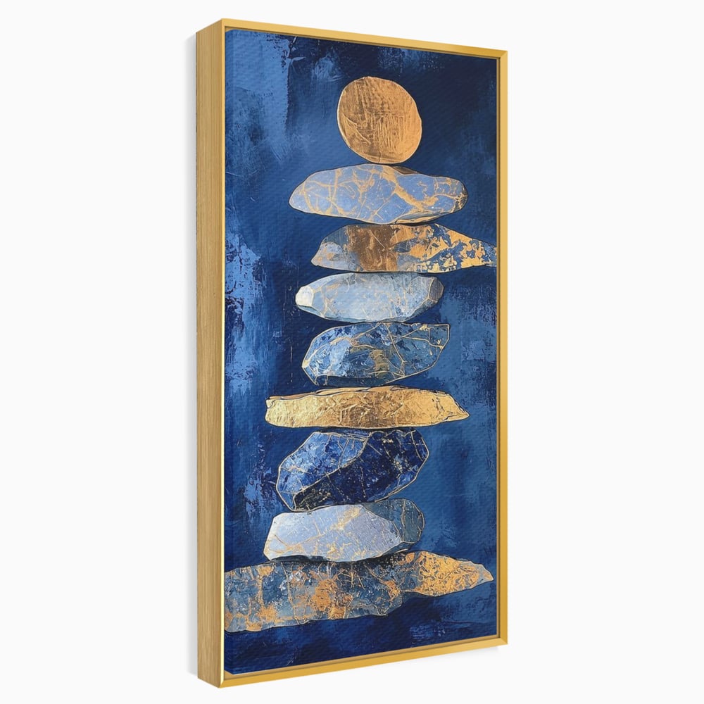 Tablou Canvas Premium, LuxCanva® C1290, Pietre care se roaga, Geometrie, Culori, Abstract, Aur, Pietre, Statuie, Echilibru, Albastru, Zen, Sacru, Spiritual, Vertical, Meditatie, Birou, Living, Dormitor