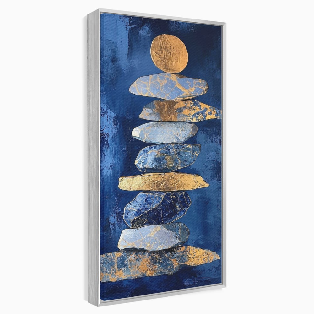 Tablou Canvas Premium, LuxCanva® C1290, Pietre care se roaga, Geometrie, Culori, Abstract, Aur, Pietre, Statuie, Echilibru, Albastru, Zen, Sacru, Spiritual, Vertical, Meditatie, Birou, Living, Dormitor