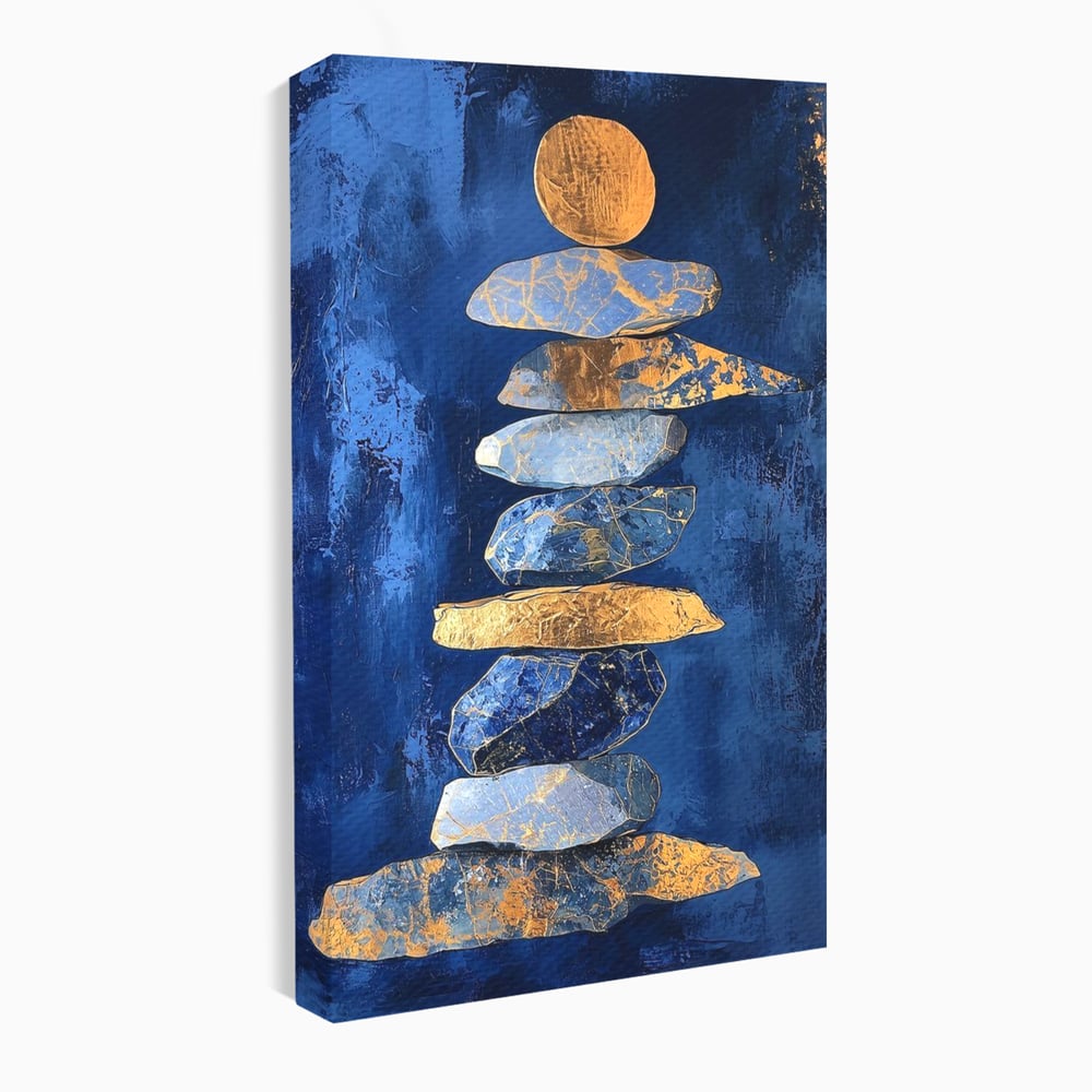 Tablou Canvas Premium, LuxCanva® C1290, Pietre care se roaga, Geometrie, Culori, Abstract, Aur, Pietre, Statuie, Echilibru, Albastru, Zen, Sacru, Spiritual, Vertical, Meditatie, Birou, Living, Dormitor