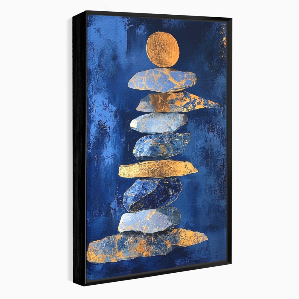 Tablou Canvas Premium, LuxCanva® C1290, Pietre care se roaga, Geometrie, Culori, Abstract, Aur, Pietre, Statuie, Echilibru, Albastru, Zen, Sacru, Spiritual, Vertical, Meditatie, Birou, Living, Dormitor