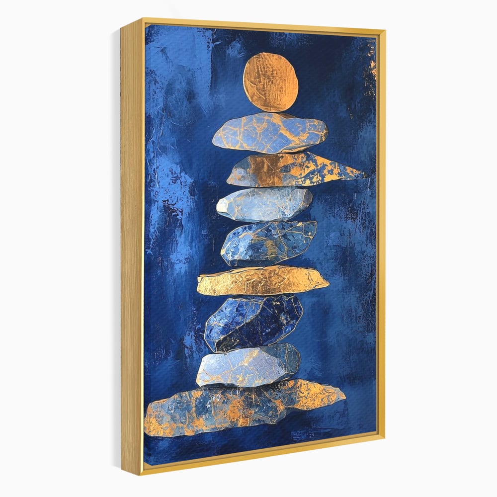 Tablou Canvas Premium, LuxCanva® C1290, Pietre care se roaga, Geometrie, Culori, Abstract, Aur, Pietre, Statuie, Echilibru, Albastru, Zen, Sacru, Spiritual, Vertical, Meditatie, Birou, Living, Dormitor