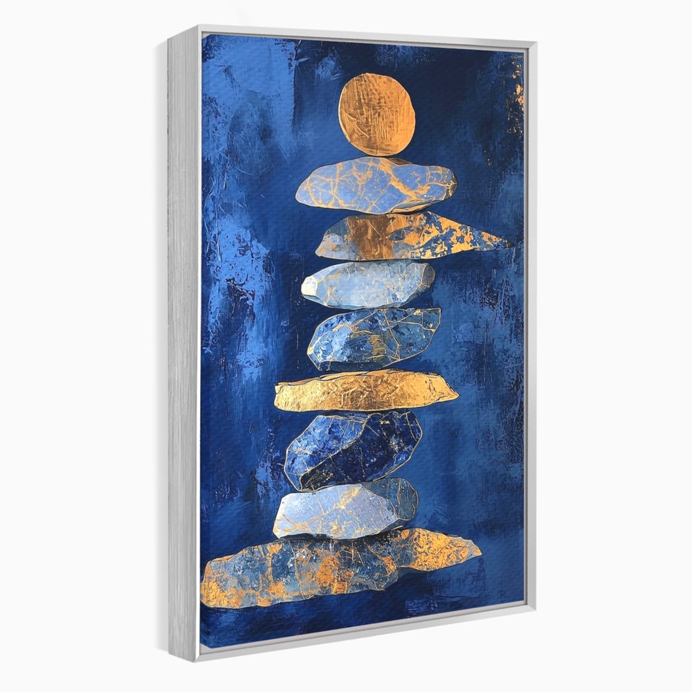 Tablou Canvas Premium, LuxCanva® C1290, Pietre care se roaga, Geometrie, Culori, Abstract, Aur, Pietre, Statuie, Echilibru, Albastru, Zen, Sacru, Spiritual, Vertical, Meditatie, Birou, Living, Dormitor