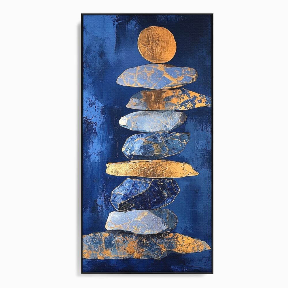 Tablou Canvas Premium, LuxCanva® C1290, Pietre care se roaga, Geometrie, Culori, Abstract, Aur, Pietre, Statuie, Echilibru, Albastru, Zen, Sacru, Spiritual, Vertical, Meditatie, Birou, Living, Dormitor