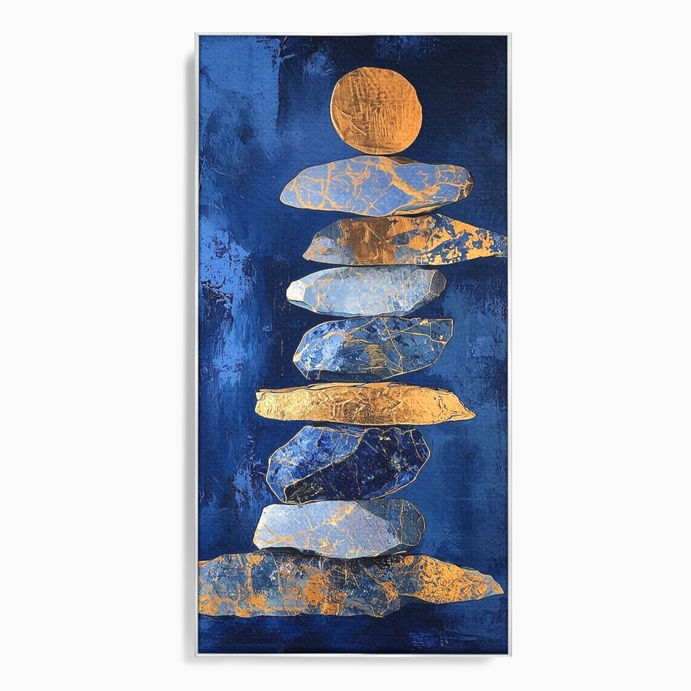 Tablou Canvas Premium, LuxCanva® C1290, Pietre care se roaga, Geometrie, Culori, Abstract, Aur, Pietre, Statuie, Echilibru, Albastru, Zen, Sacru, Spiritual, Vertical, Meditatie, Birou, Living, Dormitor