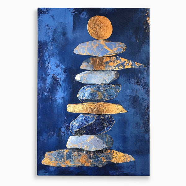 Tablou Canvas Premium, LuxCanva® C1290, Pietre care se roaga, Geometrie, Culori, Abstract, Aur, Pietre, Statuie, Echilibru, Albastru, Zen, Sacru, Spiritual, Vertical, Meditatie, Birou, Living, Dormitor