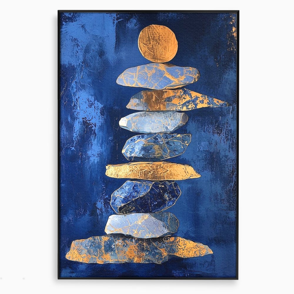 Tablou Canvas Premium, LuxCanva® C1290, Pietre care se roaga, Geometrie, Culori, Abstract, Aur, Pietre, Statuie, Echilibru, Albastru, Zen, Sacru, Spiritual, Vertical, Meditatie, Birou, Living, Dormitor