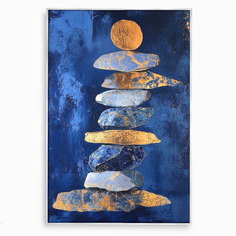 Tablou Canvas Premium, LuxCanva® C1290, Pietre care se roaga, Geometrie, Culori, Abstract, Aur, Pietre, Statuie, Echilibru, Albastru, Zen, Sacru, Spiritual, Vertical, Meditatie, Birou, Living, Dormitor