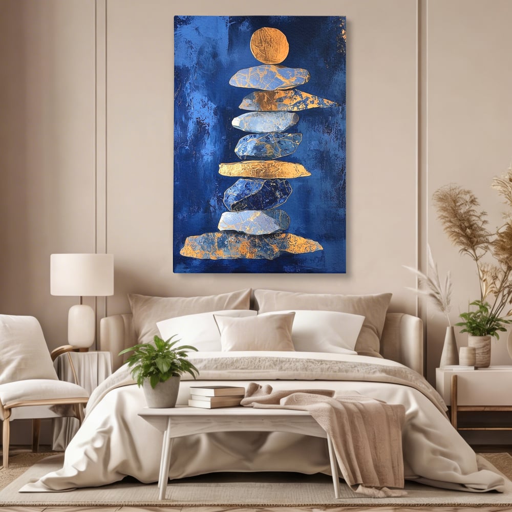 Tablou Canvas Premium, LuxCanva® C1290, Pietre care se roaga, Geometrie, Culori, Abstract, Aur, Pietre, Statuie, Echilibru, Albastru, Zen, Sacru, Spiritual, Vertical, Meditatie, Birou, Living, Dormitor