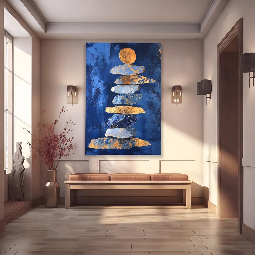 Tablou Canvas Premium, LuxCanva® C1290, Pietre care se roaga, Geometrie, Culori, Abstract, Aur, Pietre, Statuie, Echilibru, Albastru, Zen, Sacru, Spiritual, Vertical, Meditatie, Birou, Living, Dormitor