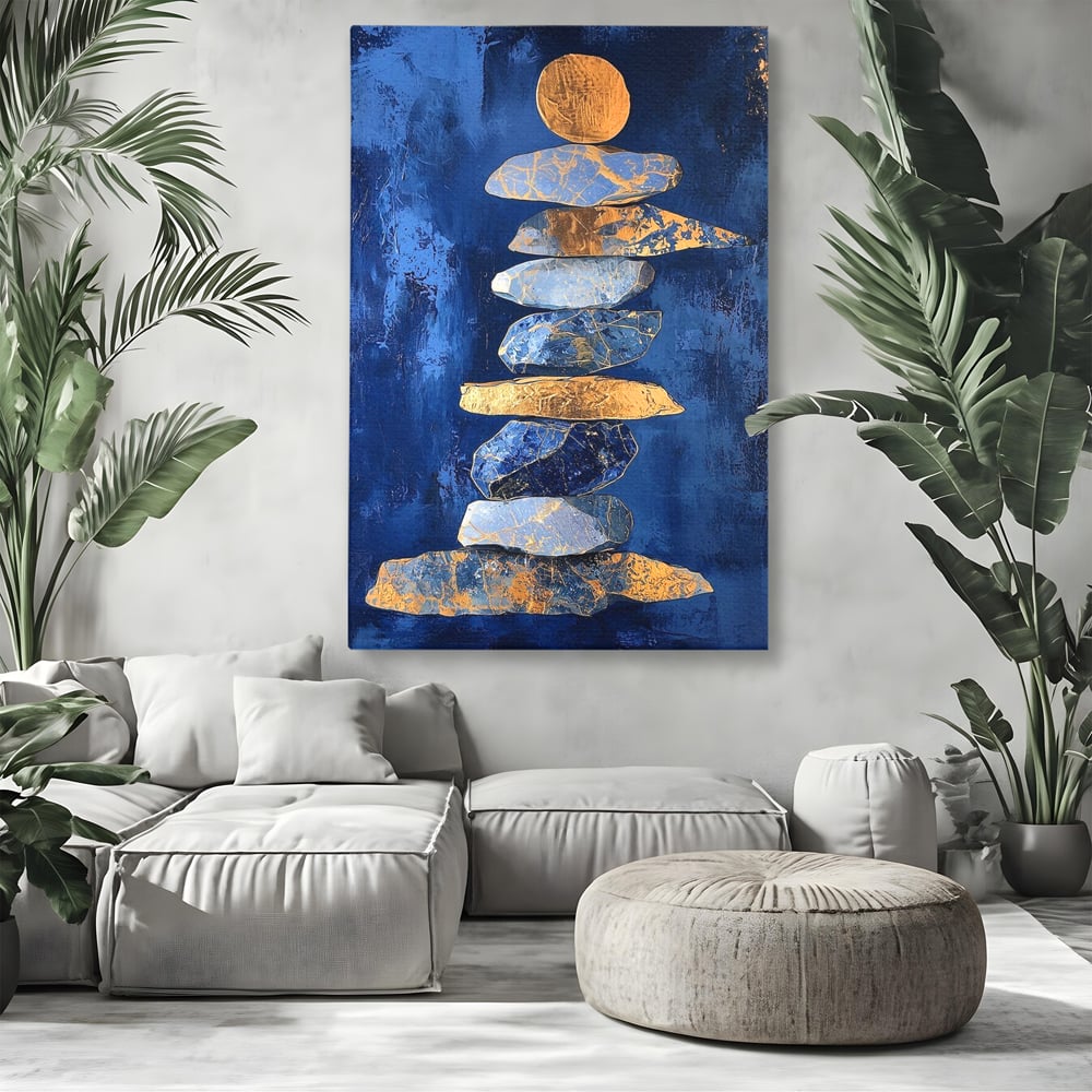 Tablou Canvas Premium, LuxCanva® C1290, Pietre care se roaga, Geometrie, Culori, Abstract, Aur, Pietre, Statuie, Echilibru, Albastru, Zen, Sacru, Spiritual, Vertical, Meditatie, Birou, Living, Dormitor