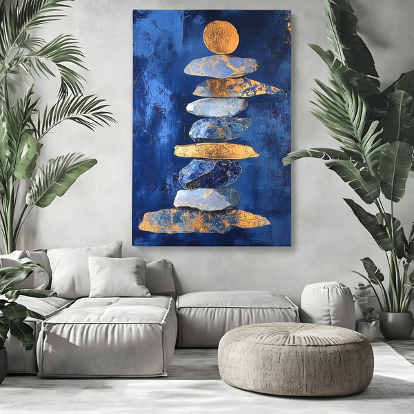 Tablou Canvas Premium, LuxCanva® C1290, Pietre care se roaga, Geometrie, Culori, Abstract, Aur, Pietre, Statuie, Echilibru, Albastru, Zen, Sacru, Spiritual, Vertical, Meditatie, Birou, Living, Dormitor