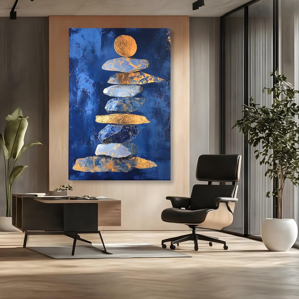 Tablou Canvas Premium, LuxCanva® C1290, Pietre care se roaga, Geometrie, Culori, Abstract, Aur, Pietre, Statuie, Echilibru, Albastru, Zen, Sacru, Spiritual, Vertical, Meditatie, Birou, Living, Dormitor