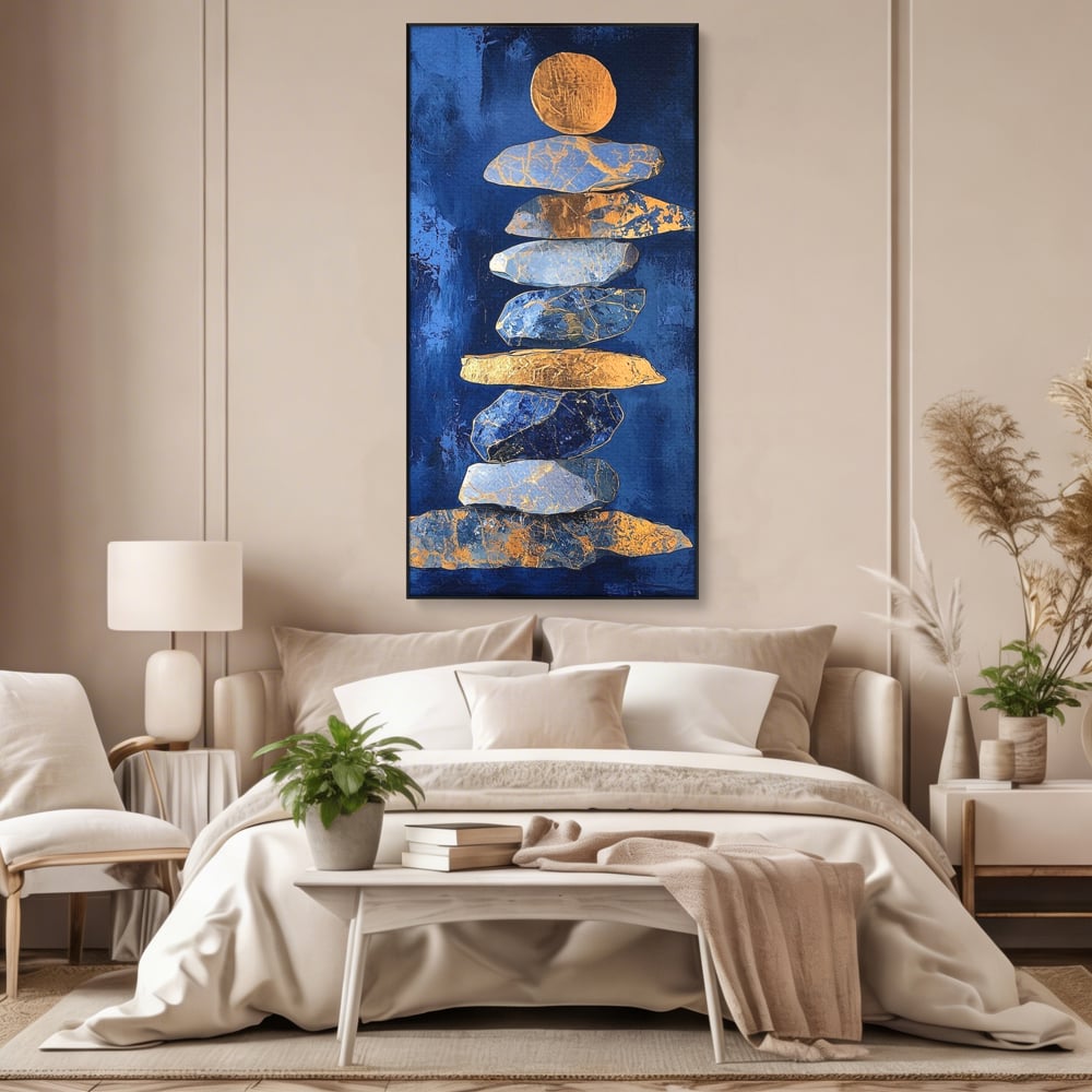 Tablou Canvas Premium, LuxCanva® C1290, Pietre care se roaga, Geometrie, Culori, Abstract, Aur, Pietre, Statuie, Echilibru, Albastru, Zen, Sacru, Spiritual, Vertical, Meditatie, Birou, Living, Dormitor