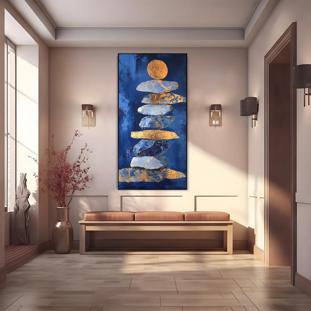 Tablou Canvas Premium, LuxCanva® C1290, Pietre care se roaga, Geometrie, Culori, Abstract, Aur, Pietre, Statuie, Echilibru, Albastru, Zen, Sacru, Spiritual, Vertical, Meditatie, Birou, Living, Dormitor
