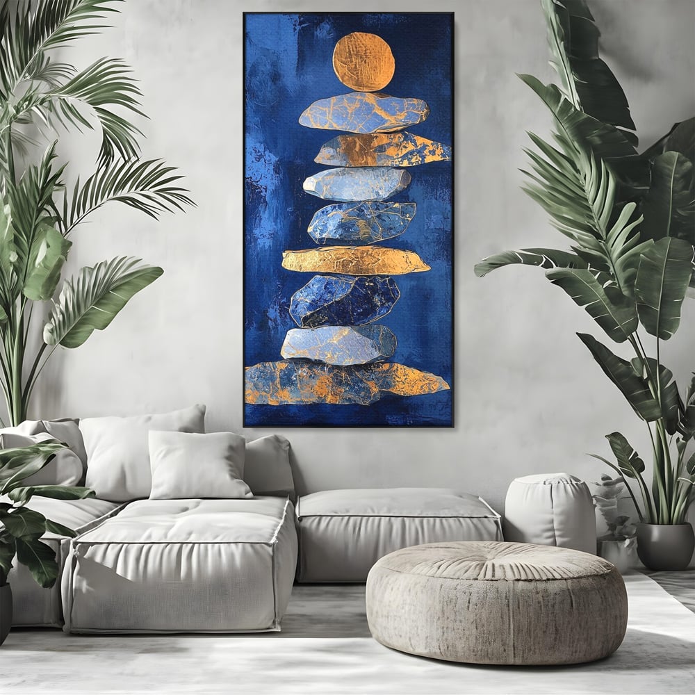 Tablou Canvas Premium, LuxCanva® C1290, Pietre care se roaga, Geometrie, Culori, Abstract, Aur, Pietre, Statuie, Echilibru, Albastru, Zen, Sacru, Spiritual, Vertical, Meditatie, Birou, Living, Dormitor