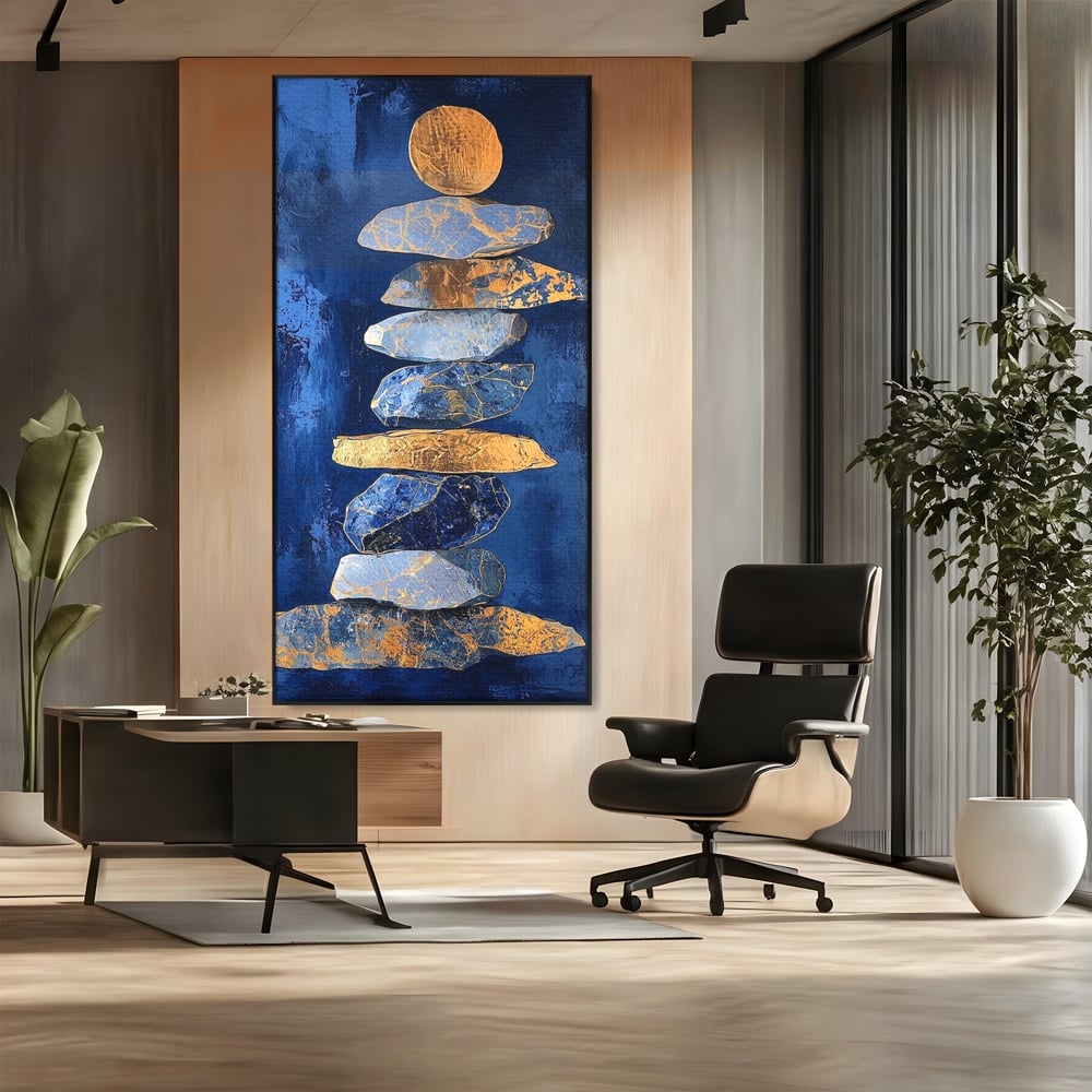 Tablou Canvas Premium, LuxCanva® C1290, Pietre care se roaga, Geometrie, Culori, Abstract, Aur, Pietre, Statuie, Echilibru, Albastru, Zen, Sacru, Spiritual, Vertical, Meditatie, Birou, Living, Dormitor
